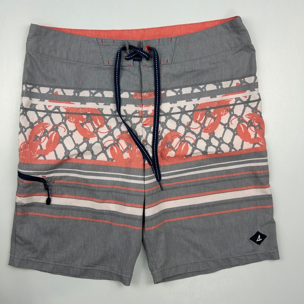 Sperry Mens Board Shorts Gray‎ Coral Lobster Net Stripe Swim Trunks Size 34